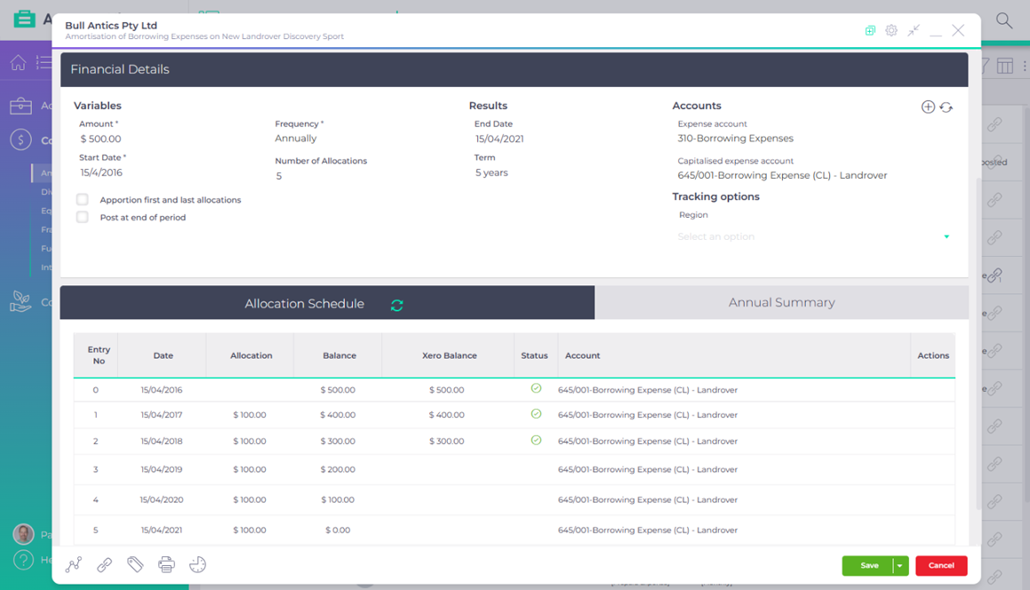 AccountKit Amortisation scheduler product interface