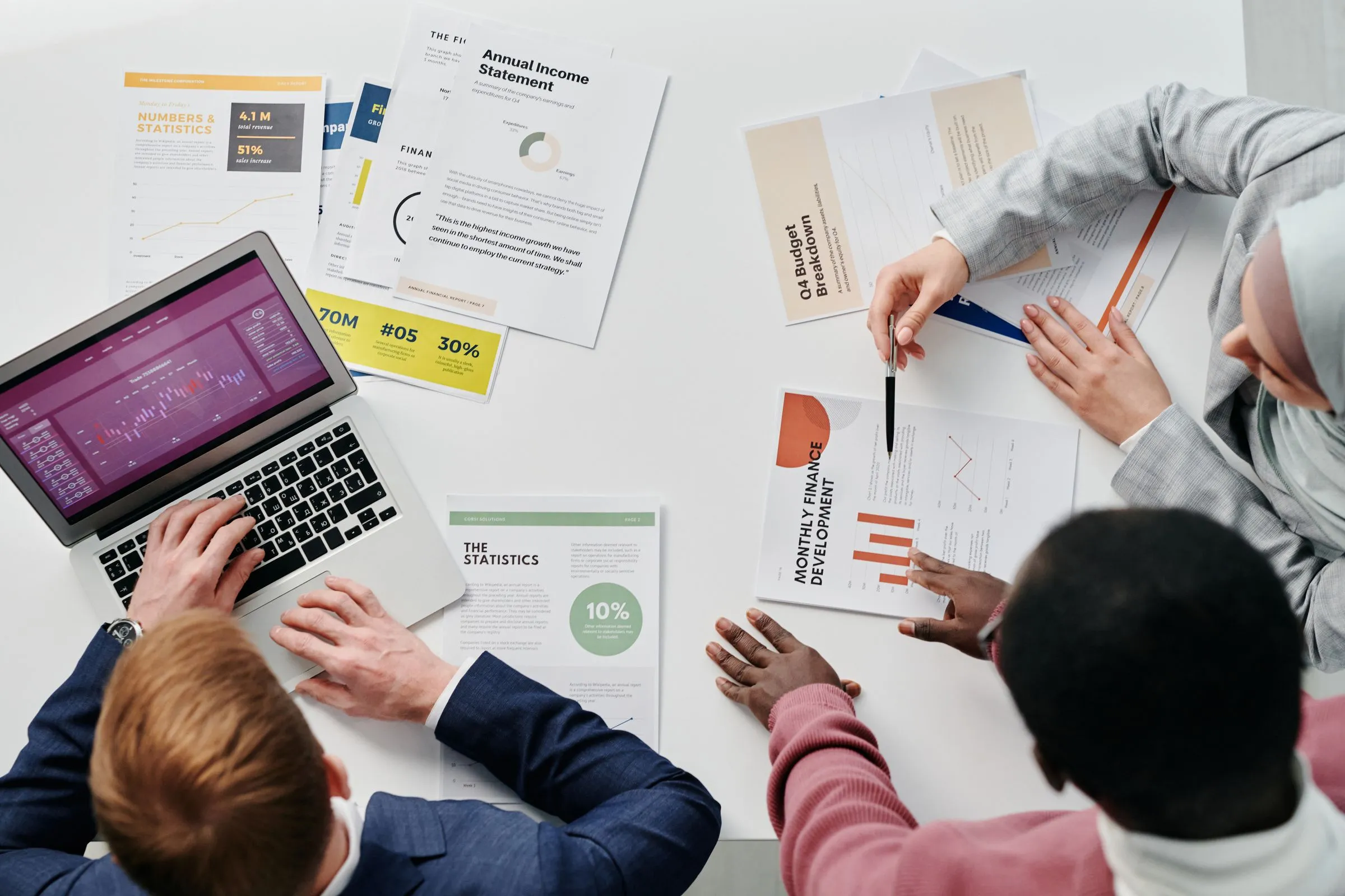 A practice team discussing client reports around a table